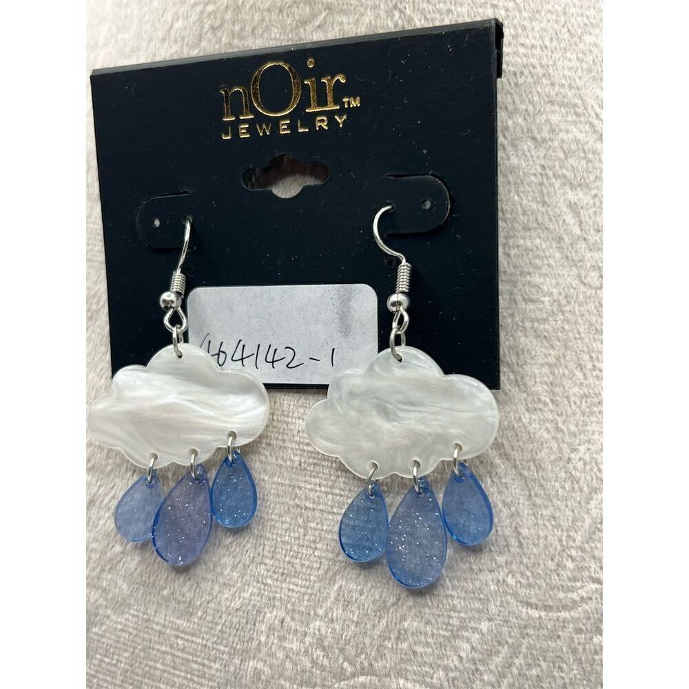nOir Jewelry White and Blue Rain Cloud Dangle Earrings Hook Closure O28 - Picture 4 of 5
